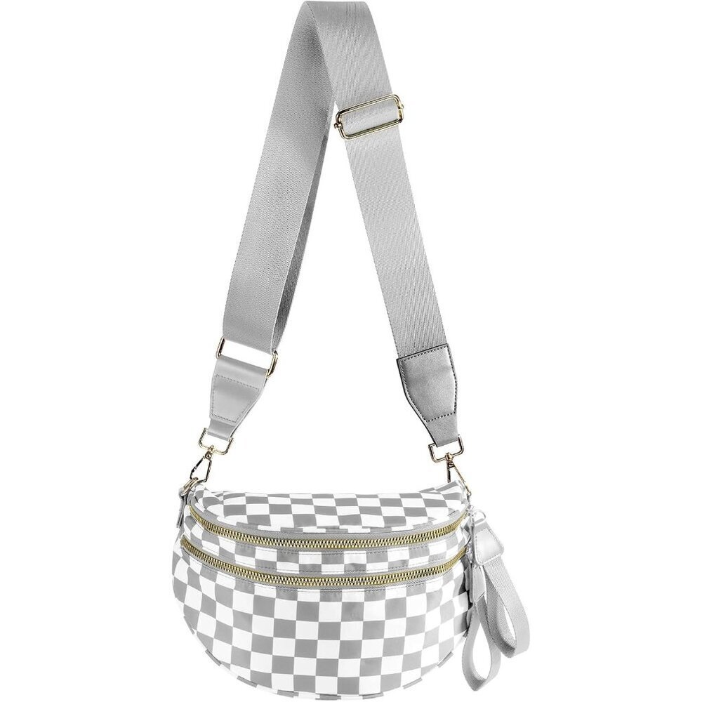 Women Light Grey Imported Polyester Checkered Crossbody Fanny Packs Belt Bum Bag
